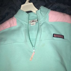 a tealish and light pink vineyard vines pullover